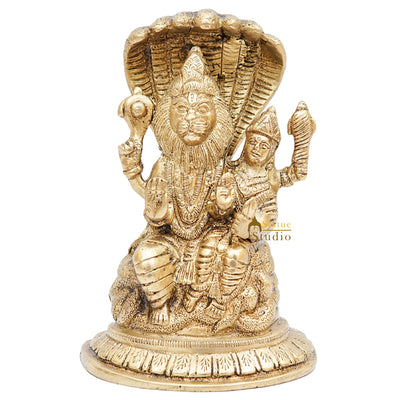 Brass Narsingh Laxmi Idol Under Serpent Religious Lucky Décor Statue 7"
