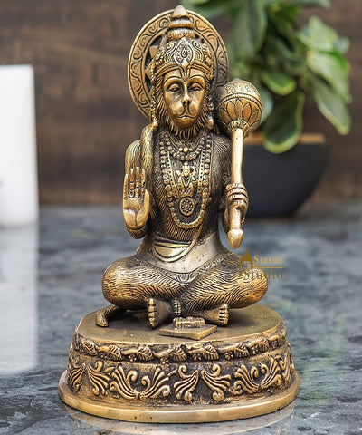 Brass Antique Hanuman Idol Home Office Pooja Room Décor Gift Statue 7"