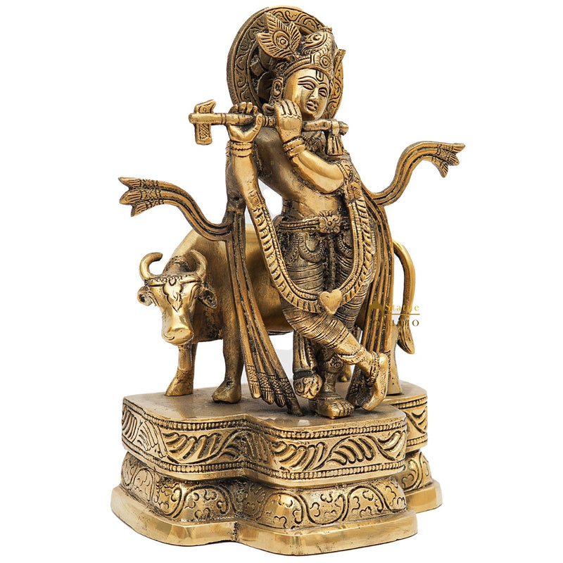 Brass Antique Krishna With Cow Idol For Home Office Desk Table Décor Gift Statue 9"