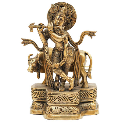 Brass Antique Krishna With Cow Idol For Home Office Desk Table Décor Gift Statue 9"