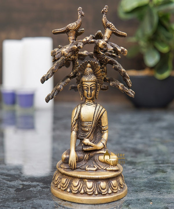 Brass Antique Rare Buddha Statue Small Sitting Under Tree Gift Showpiece 6"