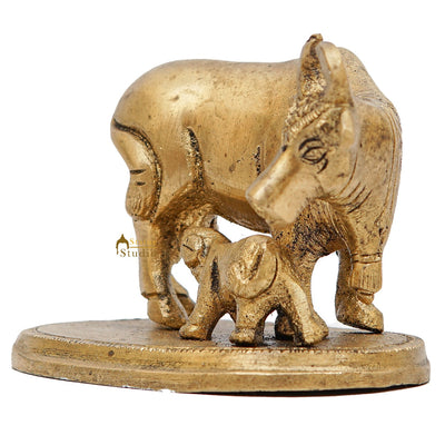 Brass Cow With Calf Idol Mini Statue Lucky Wedding Diwali Décor Gift Showpiece 2.5"