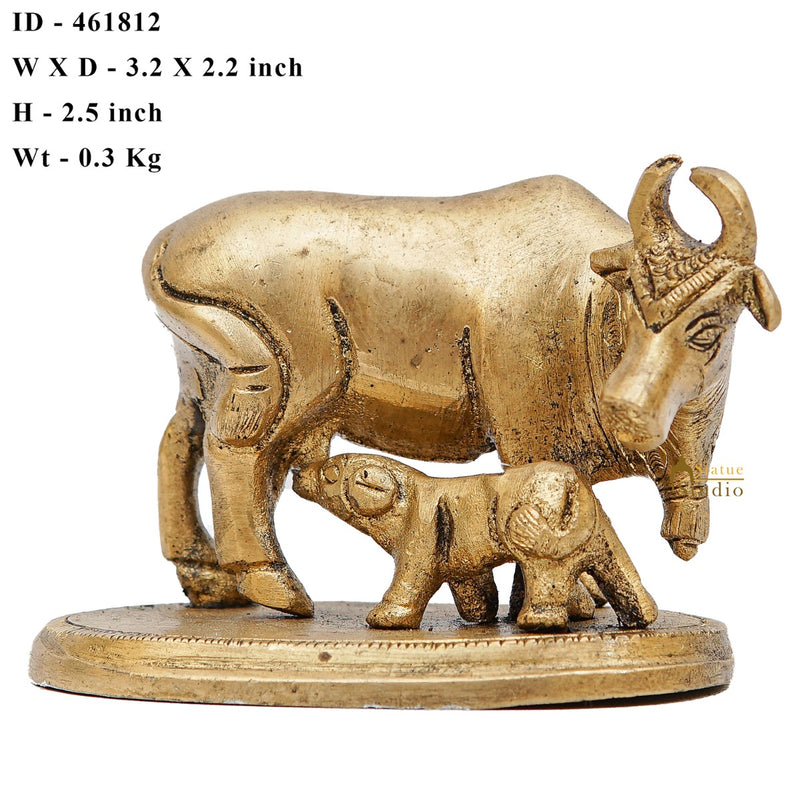 Brass Cow With Calf Idol Mini Statue Lucky Wedding Diwali Décor Gift Showpiece 2.5"