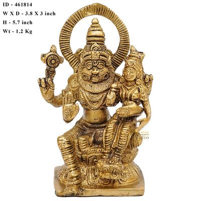 Brass Narsingh Laxmi Idol Under Serpent Religious Lucky Décor Statue 5"
