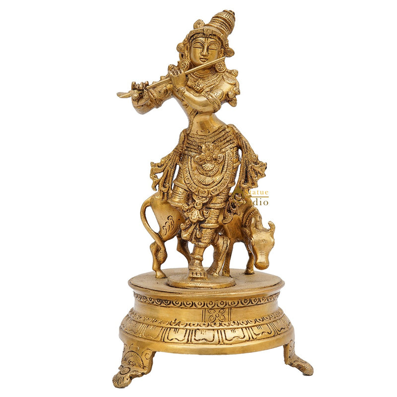 Brass Antique Krishna With Cow Idol For Home Office Desk Table Décor Gift Statue 10"