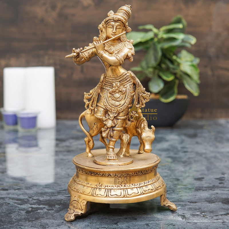 Brass Antique Krishna With Cow Idol For Home Office Desk Table Décor Gift Statue 10"