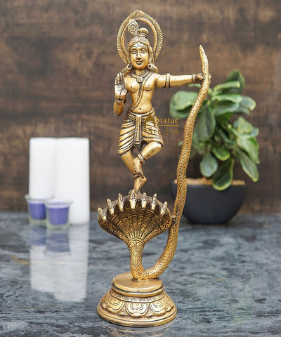 Brass Antique Krishna Idol Dancing On Snake For Home Office Desk Table Décor Gift Rare Statue 13"