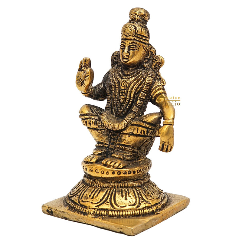 Brass Antique Lord Ayyappan Mini South Indian Idol Puja Room Religious Décor Gift Statue 4.5"
