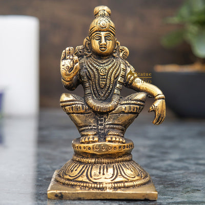 Brass Antique Lord Ayyappan Mini South Indian Idol Puja Room Religious Décor Gift Statue 4.5"