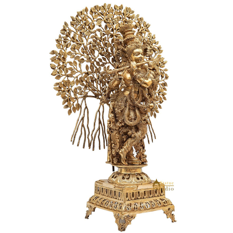 Brass Lord Krishna Idol With Tree Exclusive Fine Home Décor Showpiece 3 Feet