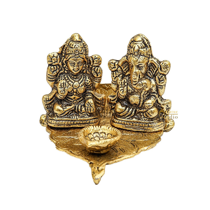 Metal Oxidized Ganesha Lakshmi Leaf Diya Diwali Home Décor Corporate Gift Idol Statue 4"