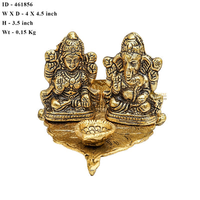 Metal Oxidized Ganesha Lakshmi Leaf Diya Diwali Home Décor Corporate Gift Idol Statue 4"