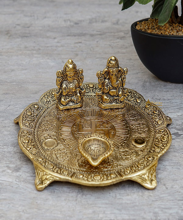 Metal Oxidized Ganesha Lakshmi Pooja Thali With Diya Diwali Home Décor Corporate Gift 9"