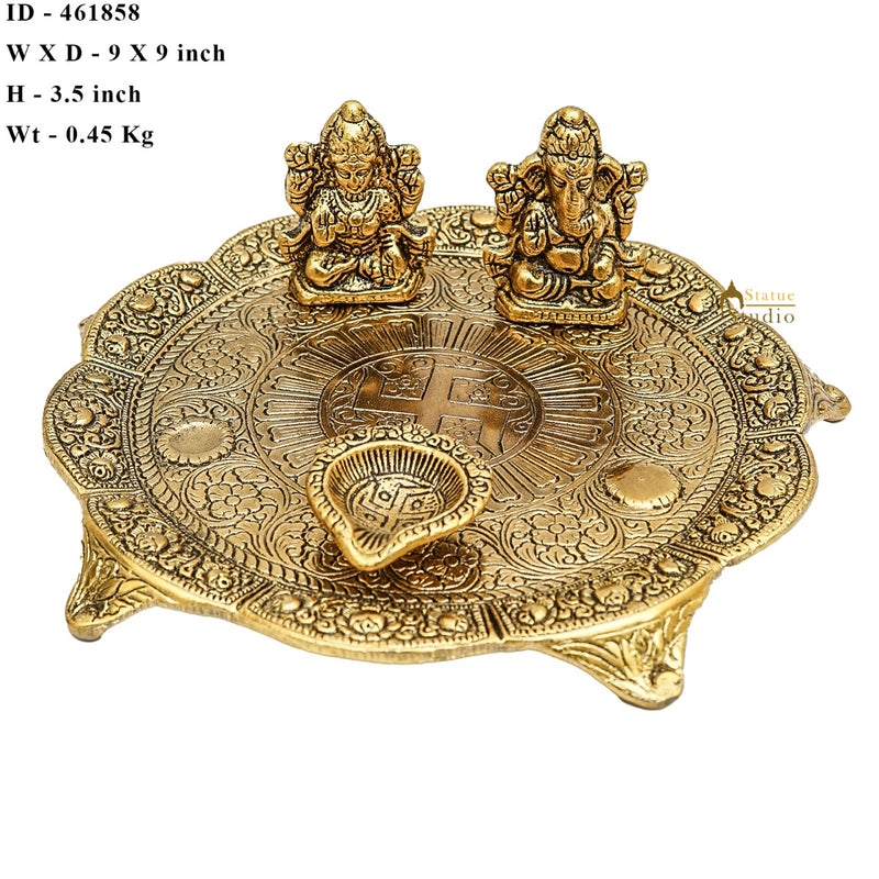 Metal Oxidized Ganesha Lakshmi Pooja Thali With Diya Diwali Home Décor Corporate Gift 9"