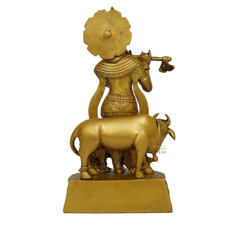 Brass Krishna Idol With Cow Home Pooja Room Décor Statue Showpiece 12"
