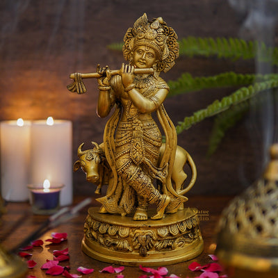 Brass Krishna Idol With Cow Statue Showpiece 12 Inch 