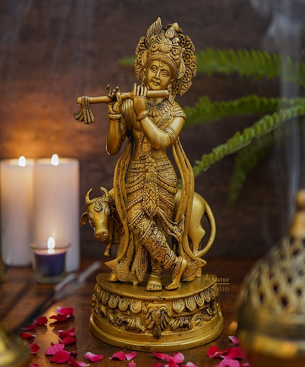 Brass Krishna Idol With Cow Home Pooja Room Décor Statue Showpiece 12"