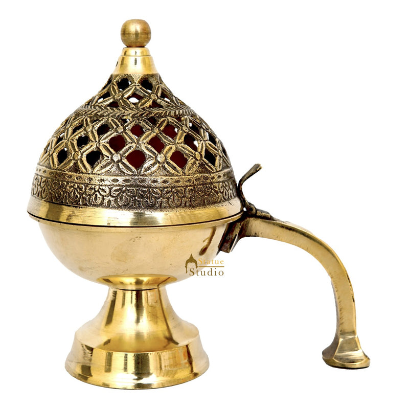 Brass Purifying Loban Burner Dhoop Dani For Puja Room Home Décor With Handle 7"