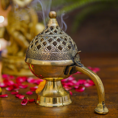 Brass Purifying Loban Burner Dhoop Dani For Puja Room Home Décor With Handle 7"