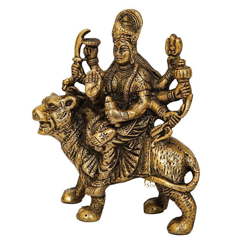 Brass Durga Maa Sherawali Idol Home Temple Puja Religious Décor Statue 4.5"