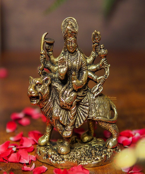 Brass Durga Maa Sherawali Idol Home Temple Puja Religious Décor Statue 5"