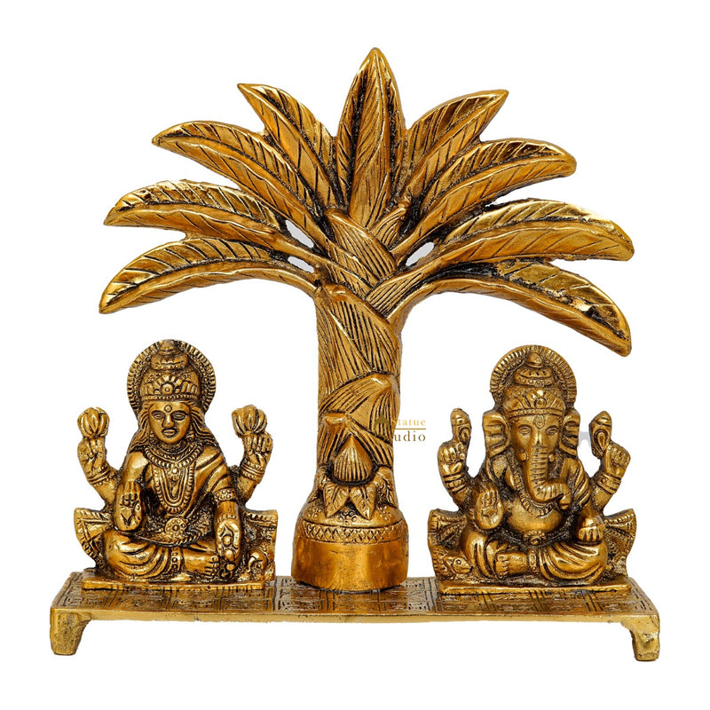 Metal Oxidised Ganesha Lakshmi Idol Under Tree Puja Room Decor Diwali Corporate Gift Item 10"