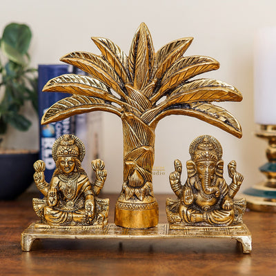 Metal Oxidised Ganesha Lakshmi Idol Under Tree Showpiece 10 Inch 