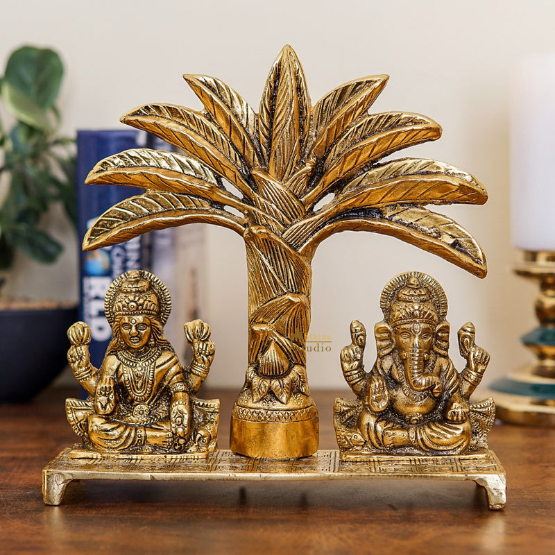 Metal Oxidised Ganesha Lakshmi Idol Under Tree Showpiece 10 Inch 