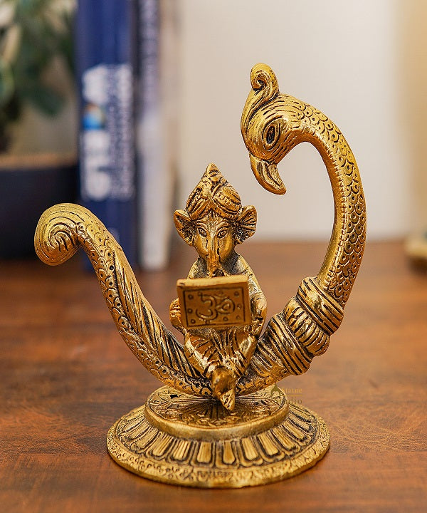 Metal Oxidised Reading Ganesha Idol Ganpati Statue Puja Room Decor Diwali Corporate Gift Item 6"