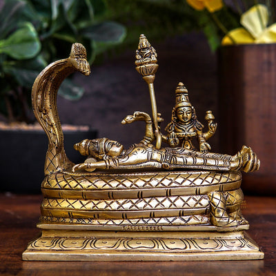 Fine Brass Vishnu Laxmi Idol Sitting Under Serpent Exclusive Rare Statue 6"