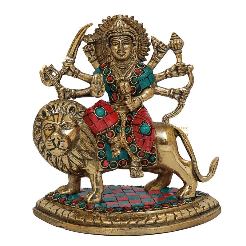 Brass Durga Idol Inlay Work Home Temple Pooja Décor Statue Gift 6"