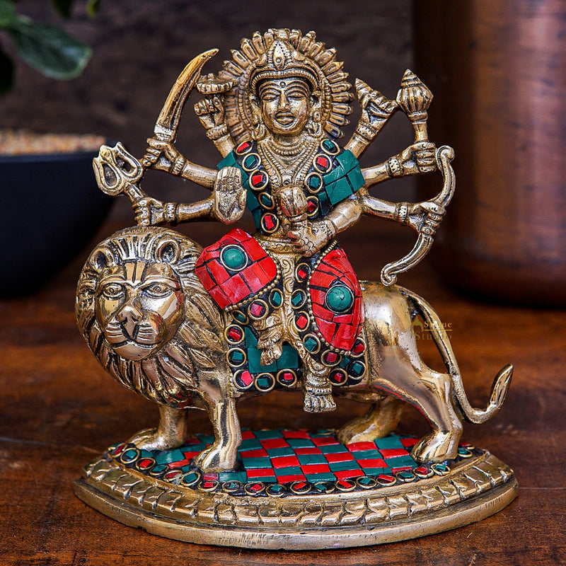 Brass Durga Idol Inlay Work Home Temple Pooja Décor Statue Gift 6"