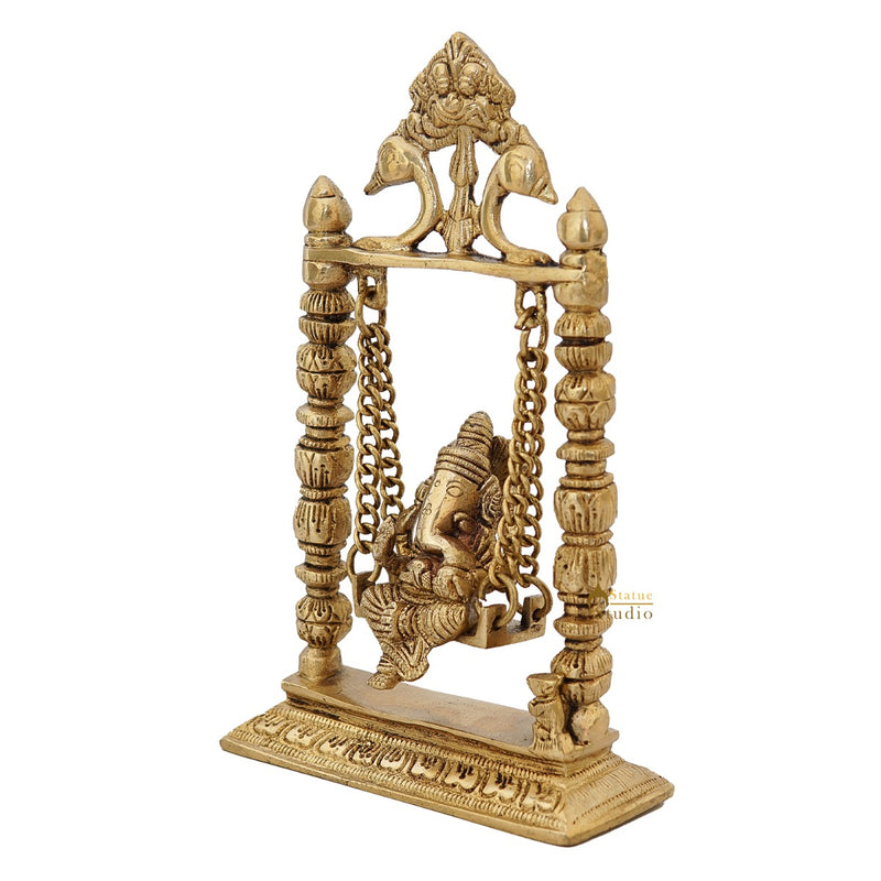 Brass Ganesha Idol On Jhula Swing Home Diwali Décor Statue 9"