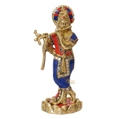 Brass Krishna Idol Multicolor Stone Work Fine Décor Statue Gift 10"