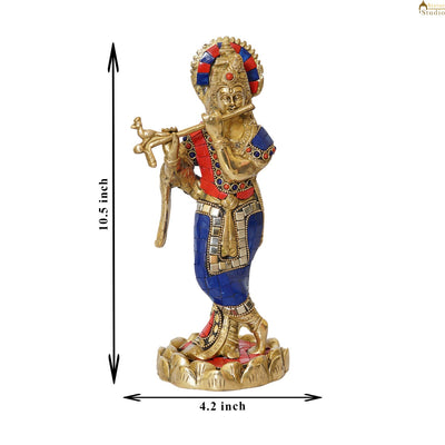 Brass Krishna Idol Multicolor Stone Work Fine Décor Statue Gift 10"
