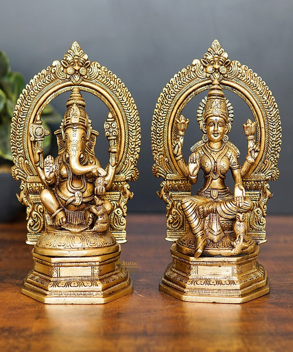 Brass Ganesha Laxmi Statue With Frame Ganesh Lakshmi Idol Home Diwali Décor Gift 7"