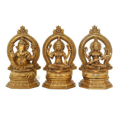 Brass Ganesha Lakshmi Saraswati Statue With Frame Idol Home Diwali Décor Gift 11"