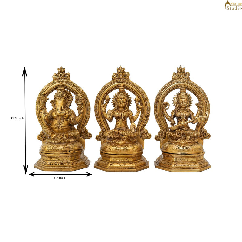 Brass Ganesha Lakshmi Saraswati Statue With Frame Idol Home Diwali Décor Gift 11"