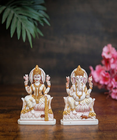 Marble Dust Ganesha Lakshmi Idol Pooja Room Décor Gift Ganesh Laxmi Statue Showpiece 5"