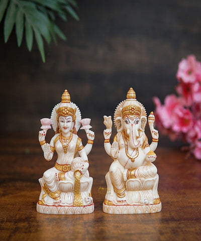 Marble Dust Ganesha Lakshmi Idol Pooja Room Décor Gift Ganesh Laxmi Statue Showpiece 5"