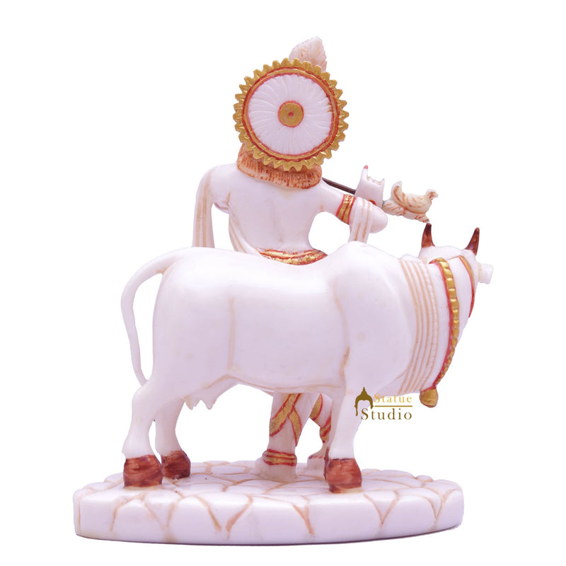 Marble Dust Krishna Idol With Cow Pooja Décor Gift Statue 5.5"