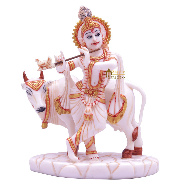 Marble Dust Krishna Idol With Cow Pooja Décor Gift Statue 5.5"
