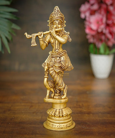 Brass Fine Krishna Idol Standing Home Office Décor Gift Statue 9"