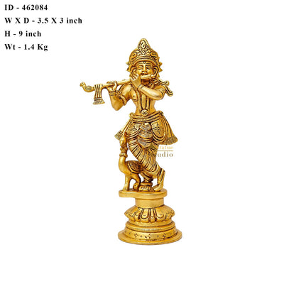 Brass Fine Krishna Idol Standing Home Office Décor Gift Statue 9"