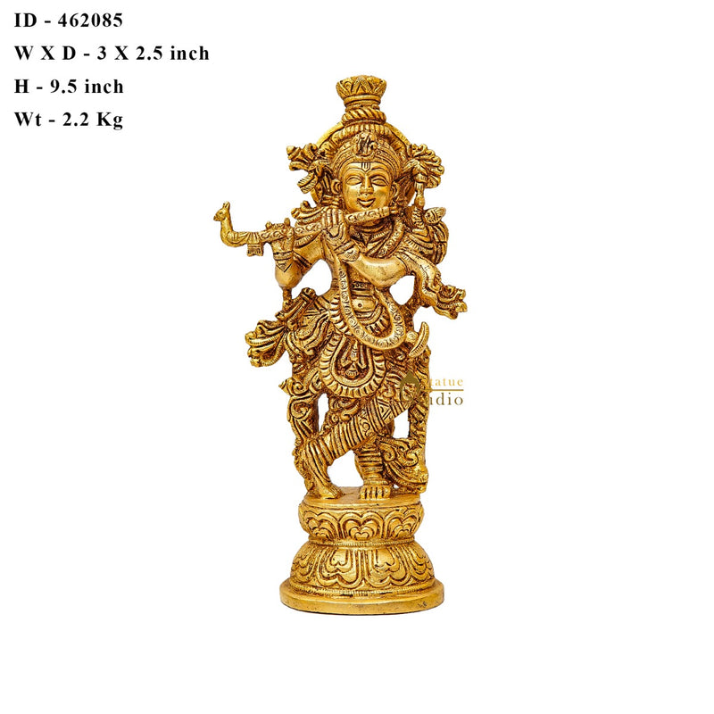 Brass Fine Krishna Idol Standing Home Office Décor Gift Statue 9.5"