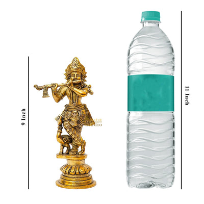 Brass Fine Krishna Idol With Peacock Standing Décor Statue Gift Showpiece 9"
