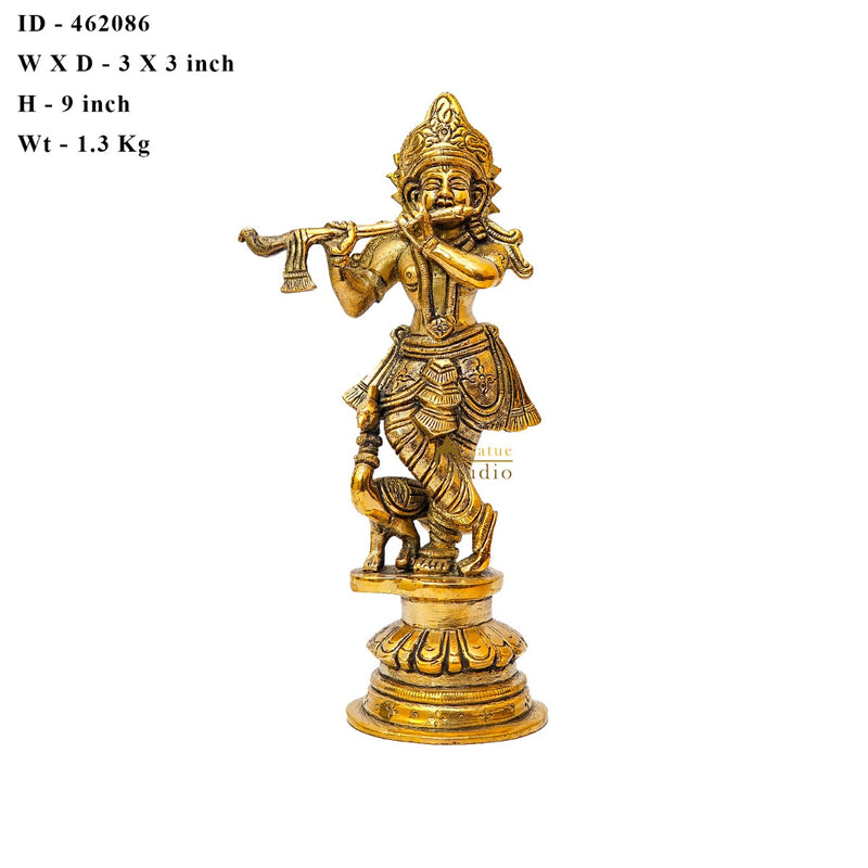 Brass Fine Krishna Idol With Peacock Standing Décor Statue Gift Showpiece 9"