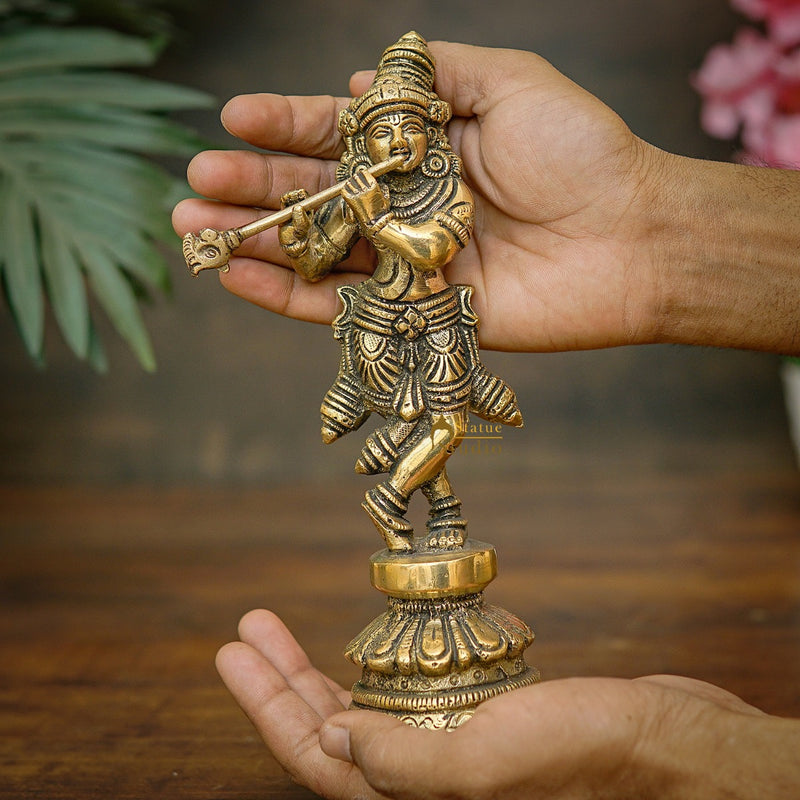 Brass Fine Krishna Idol Standing Home Office Décor Gift Statue 8"