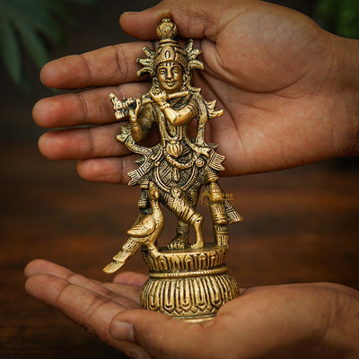 Brass Fine Krishna Idol For Home Temple Pooja Décor Gift Statue 6"