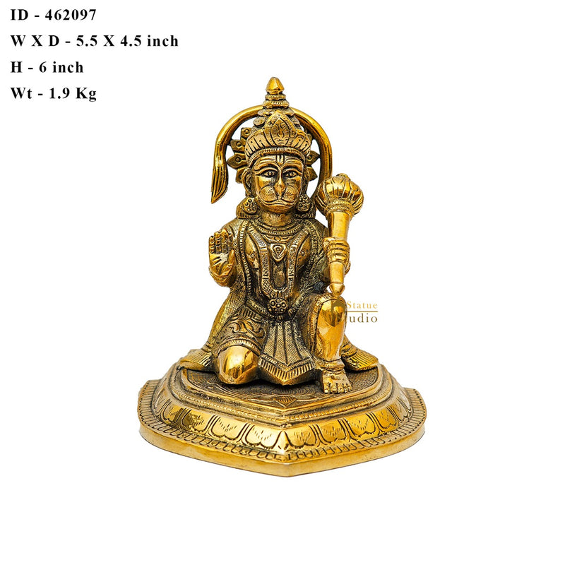 Brass Hanuman Sitting Idol For Home Temple Pooja Décor Gift Statue 6"